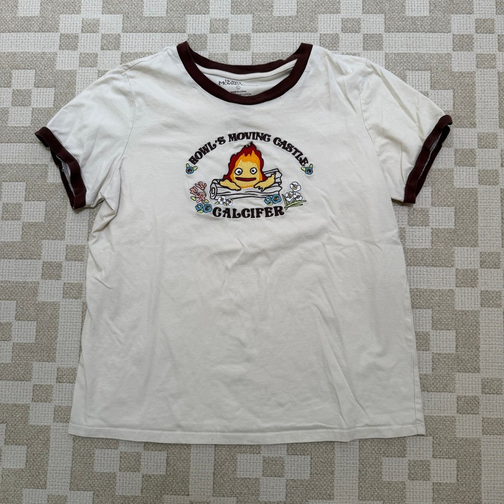 Howls Moving Castle Calcifer Embroidered Ringer Tee Shirt Large Anime Organic